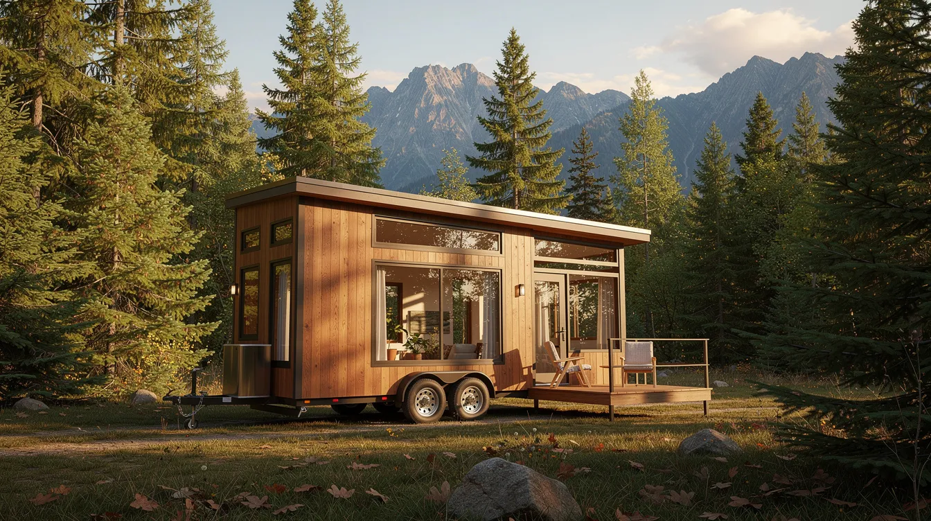 7fe910893a0d4732a7259ba7af4cfa9a The image depicts a tiny house on wheels nestled in a forest clearing surrounded by tall trees and mountains in the background showcasing the essence of tiny living in a serene natural setting This current tiny house exemplifies the tiny house movement offering a compact living space that blends harmoniously with its environment