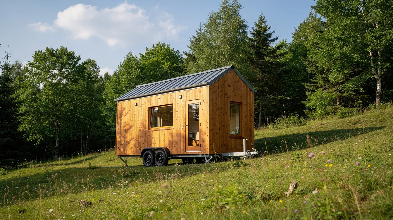 7ffb2c4413934073a2f90812e2425f57 A small wooden tiny house on wheels is parked in a grassy rural area surrounded by trees showcasing a cozy off grid living setup This tiny home features a plumbing system that may include a composting toilet and water supply options such as rainwater collection for fresh water needs