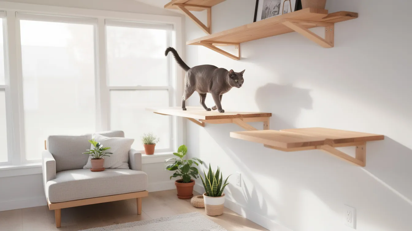 80374f7ed8b648b096ff39af87bd57aa A confident gray cat walks along a wall mounted wooden catwalk shelf system above bright windows in a tiny house showcasing the clever use of vertical space in tiny home living The scene highlights the integration of pets into small space living emphasizing the playful and adventurous spirit of furry friends in a cozy environment