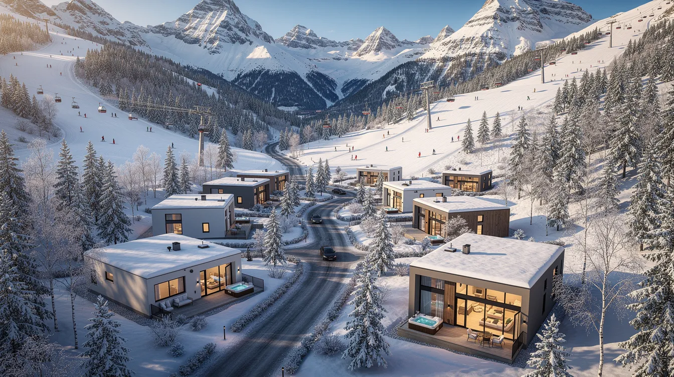 807292f090474dafb9ad9b425f29008e This image depicts a luxurious mountain community in northern Utah featuring small modern homes nestled among snow covered peaks and ski slopes The scene captures the essence of tiny home living showcasing a peaceful environment ideal for outdoor enthusiasts and those seeking a unique lifestyle in proximity to Salt Lake City and national parks