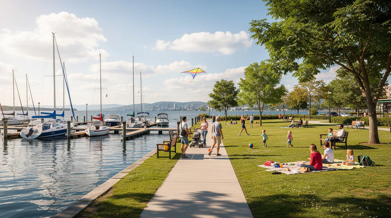 80c2a544ddc5497685c2936e39d9f54e The image depicts a vibrant marina with various boats docked along the water surrounded by a recreational park area where families are enjoying their time together In the background you can see small structures resembling tiny homes highlighting the charm of tiny house communities in Nevada perfect for those interested in outdoor activities like boating and fishing