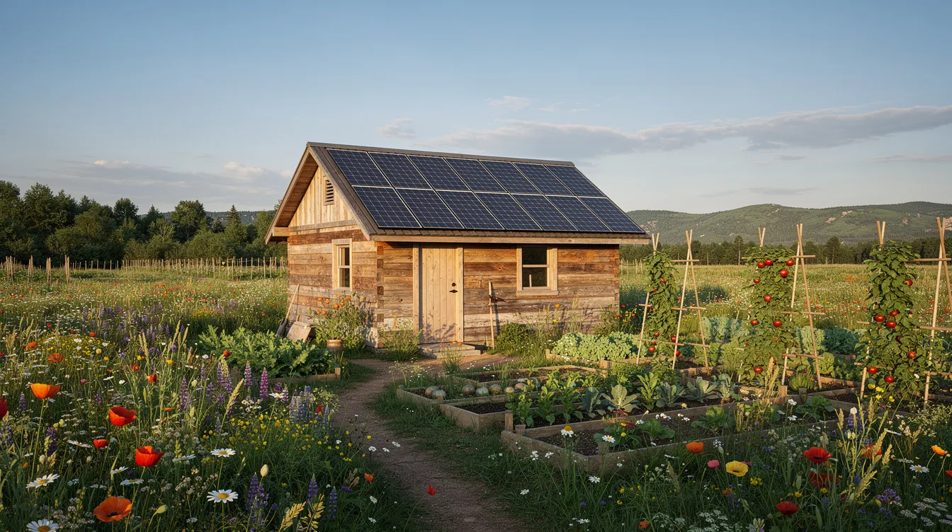 80f7c1af11fa4c85a078259c026f2ad4 A small wooden cabin representing a tiny home is nestled among vibrant wildflower meadows and well tended vegetable gardens with solar panels on its roof for sustainable living This scene reflects the essence of tiny house communities in Massachusetts showcasing a blend of nature and modern amenities