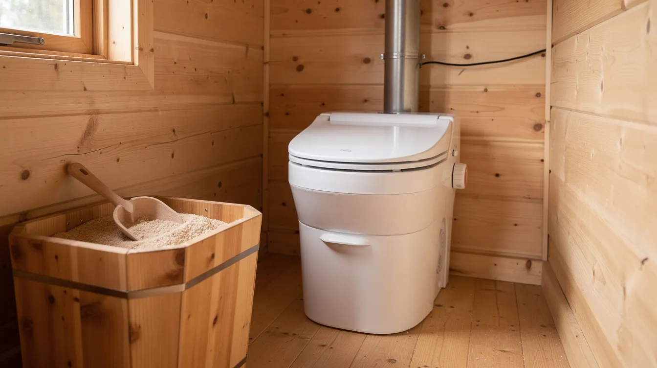 825d1024955a4fb8a7f6caf1779a1c94 The image depicts a compact composting toilet installed in a small wooden bathroom accompanied by a sawdust container for waste management This eco friendly solution is ideal for tiny house owners looking to minimize their environmental impact while living off grid