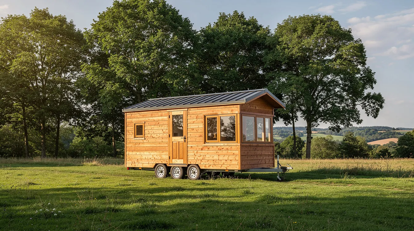 82b74a8ab05f459bbf126c64e09db3b4 A small wooden tiny house on wheels is parked in a grassy rural area surrounded by trees in the background showcasing the charm of tiny living This mobile home represents a cost effective alternative to traditional houses emphasizing the appeal of owning a compact space in nature
