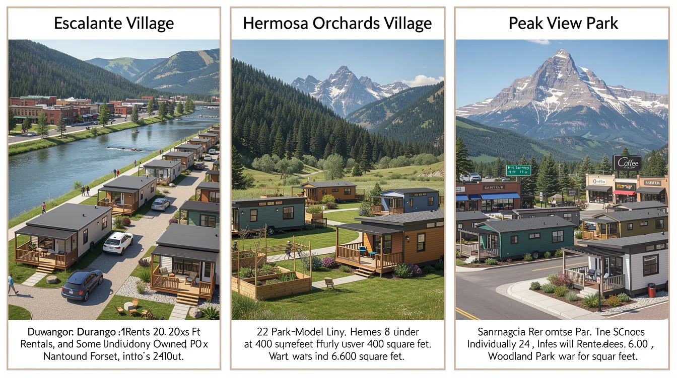 83caa604d63842aaadab2c40cb374e3b The image depicts a vibrant tiny home community in Durango showcasing Escalante Village which features 24 tiny home spaces designed for sustainable living Surrounded by natural beauty and conveniently located near downtown Durango this tiny home village offers residents access to outdoor activities along the Animas River and nearby trails