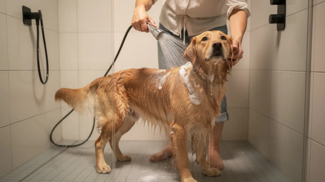 83d5af1133764e0abd2b74391a802b5a A person is using a handheld shower sprayer to bathe a golden retriever in a small modern shower stall illustrating the practicalities of tiny house living with pets The cozy space highlights the challenges and joys of maintaining a clean environment for furry friends in a tiny home
