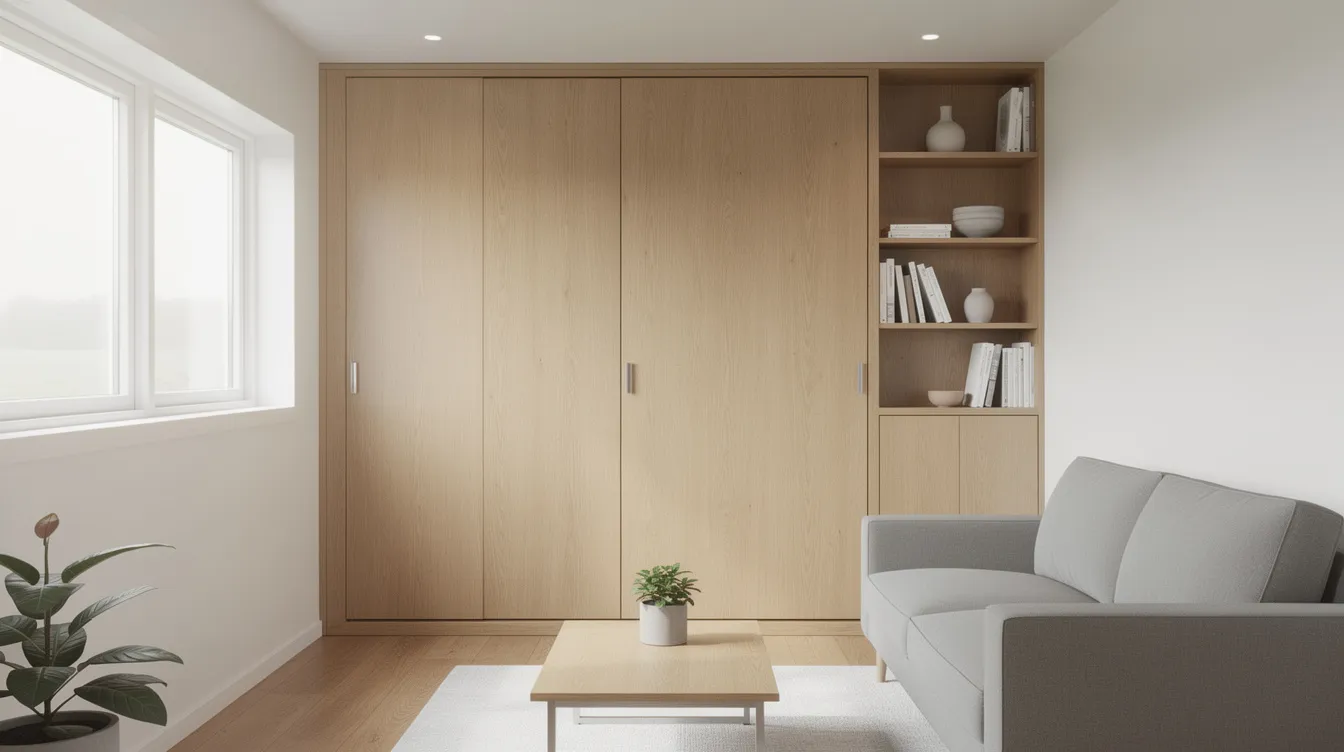 84882b3692cb45a2baafd65fbe3de733 The image features a murphy bed seamlessly folded into a wooden wall cabinet within a minimalist tiny house interior showcasing an efficient use of vertical space and hidden storage This design maximizes the small living area offering an ideal solution for creating a functional sleeping area in a tiny home