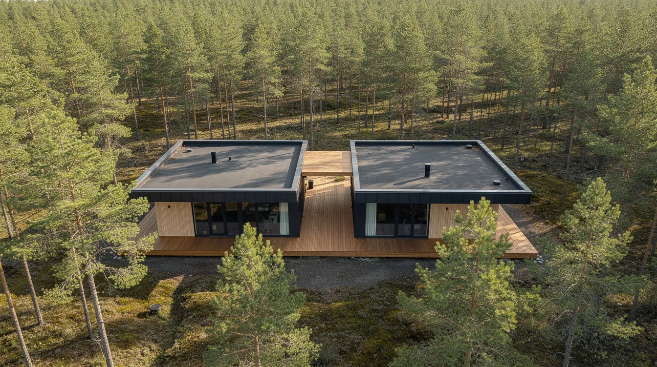 85c42c4e47f54ea69c6fc7e67a522a27 An aerial view showcases two rectangular shipping container homes connected by a wooden deck nestled among tall pine trees This serene setting highlights the unique design of tiny houses offering a spacious living area in a remote location