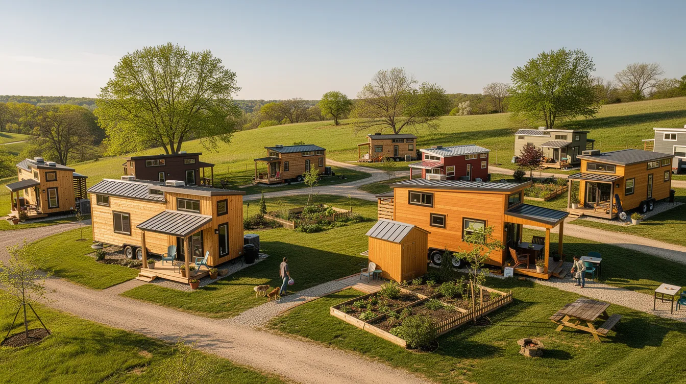 862dbcf525fb47de97a8f2339f691088 The image depicts a vibrant tiny home community in Missouri showcasing a variety of tiny houses nestled among lush greenery and community gardens Residents enjoy shared amenities such as laundry facilities and walking trails fostering connections and support within this sustainable living environment