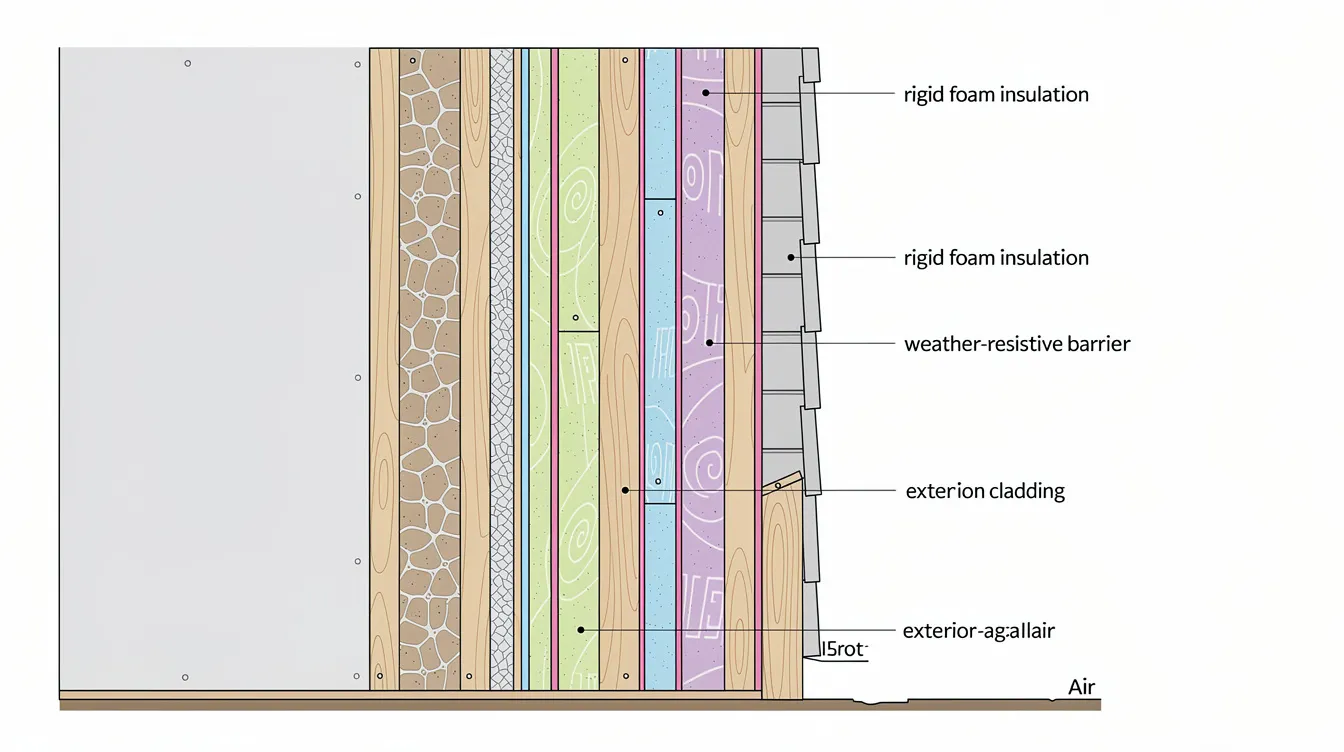8686e8cc209a4f62956c064a82f59680 The image shows a cross section view of an insulated wall highlighting rigid foam insulation layers designed to prevent moisture buildup and mold growth in tiny homes This wall system includes a vapor barrier to manage indoor humidity and enhance energy efficiency ensuring good airflow and air circulation within the living space