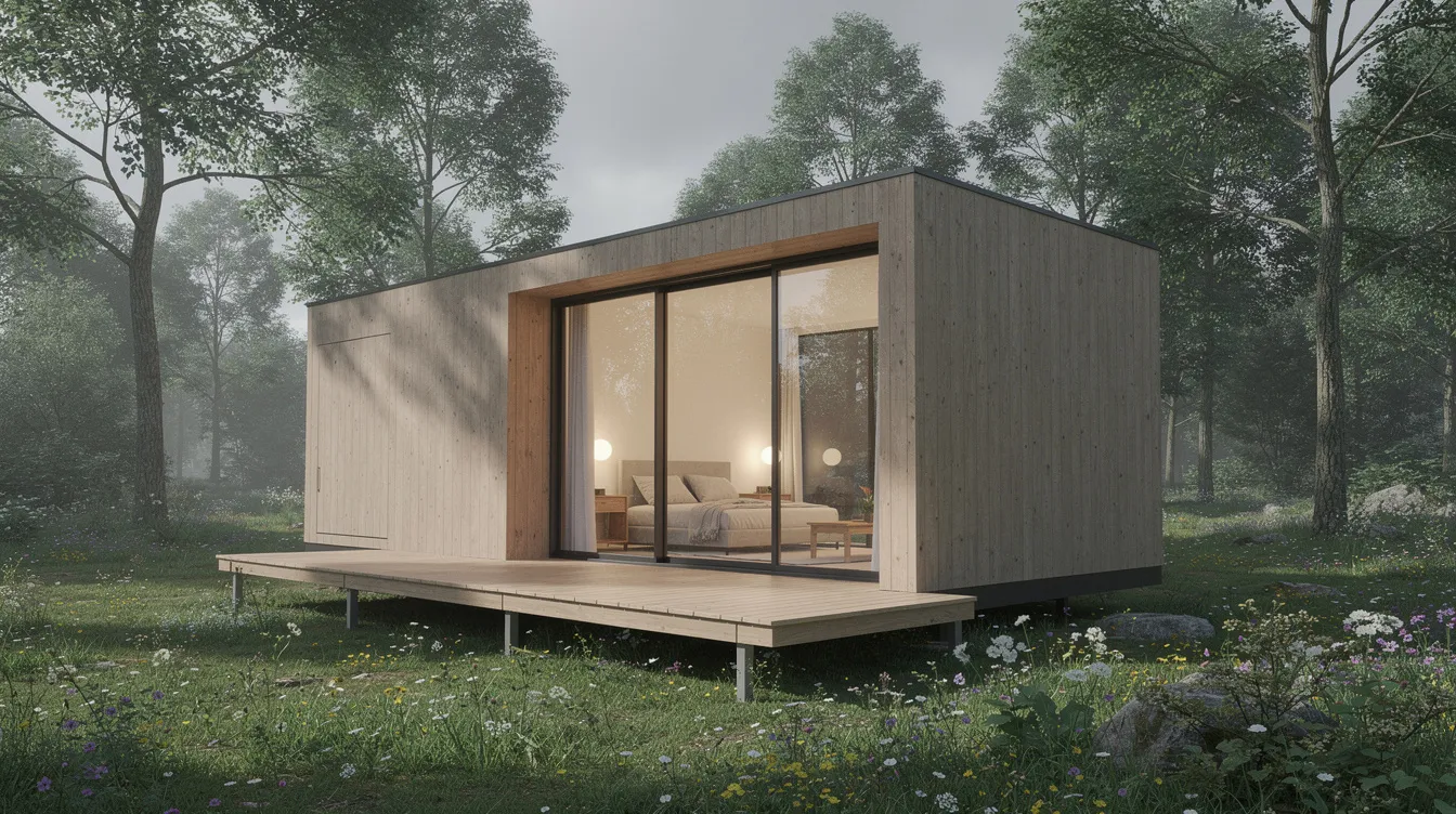 87223ba4a18a44f9baa44e6619990735 The image depicts a stylish minimalist tiny house with large windows seamlessly blending into its natural surroundings This sustainable tiny home showcases an eco friendly design featuring solar panels and a serene environment that promotes well being