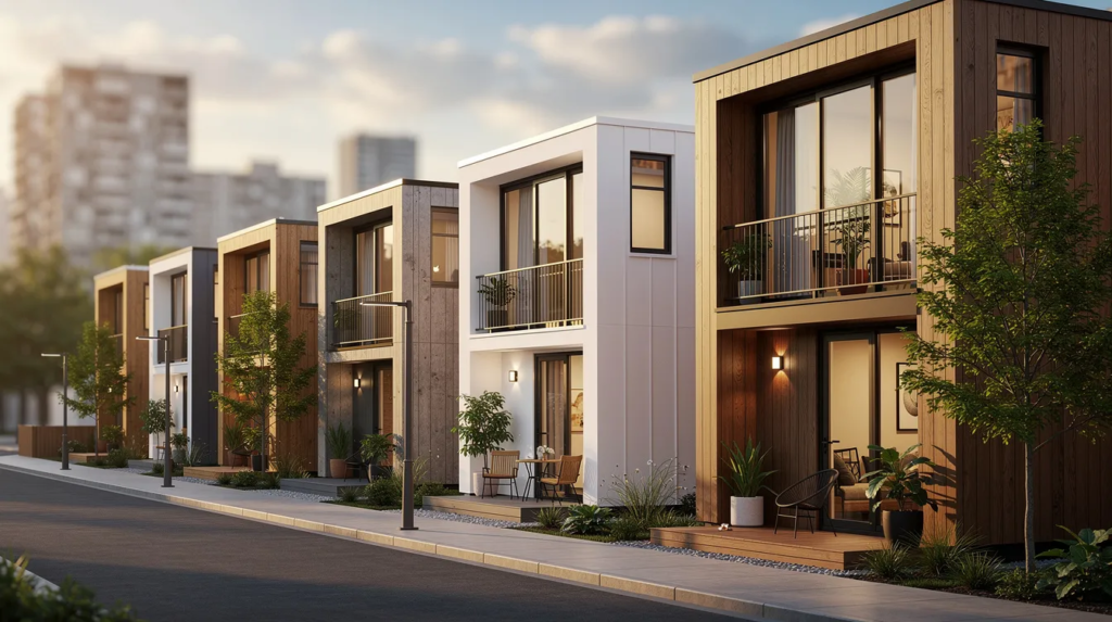 881dc44c129c4cf1b780cde897236a00 The image depicts a row of modern tiny homes in an urban setting showcasing varied exterior designs that reflect the growing popularity of tiny house communities Each stylish tiny home is equipped with unique features and amenities creating a vibrant living space for families and individuals in Indiana communities