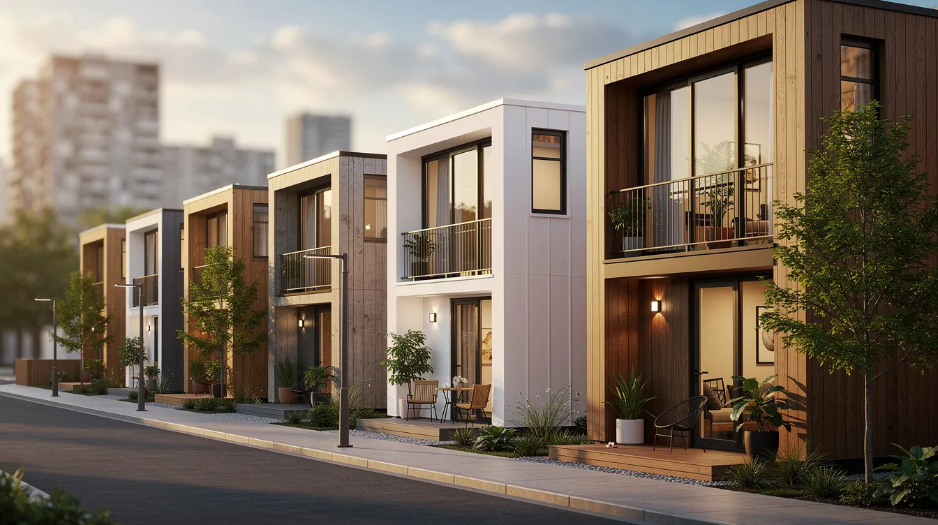 881dc44c129c4cf1b780cde897236a00 The image depicts a row of modern tiny homes in an urban setting showcasing varied exterior designs that reflect the growing popularity of tiny house communities Each stylish tiny home is equipped with unique features and amenities creating a vibrant living space for families and individuals in Indiana communities