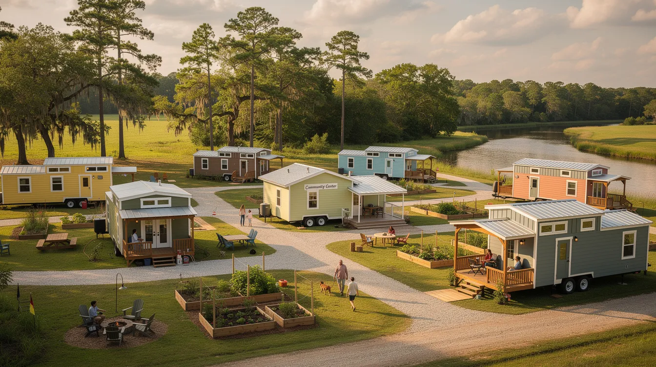 882f5af735bf475aa7eab200c227503a The image depicts a vibrant tiny home community in Mississippi featuring customizable tiny homes surrounded by lush greenery and a community garden Residents enjoy a lifestyle that embraces eco friendliness and the great outdoors with amenities that enhance their living experience