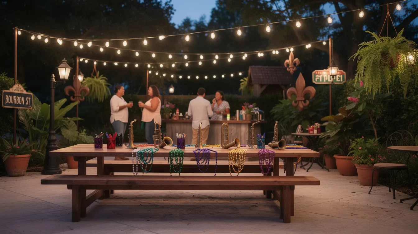 885226cab2674f969bf4ae1f10232c05 The image depicts an inviting outdoor gathering area adorned with string lights and Cajun style decorations perfect for community events in a tiny home community in Louisiana Residents and friends can be seen enjoying the space creating a lively atmosphere that reflects the local culture and sense of community