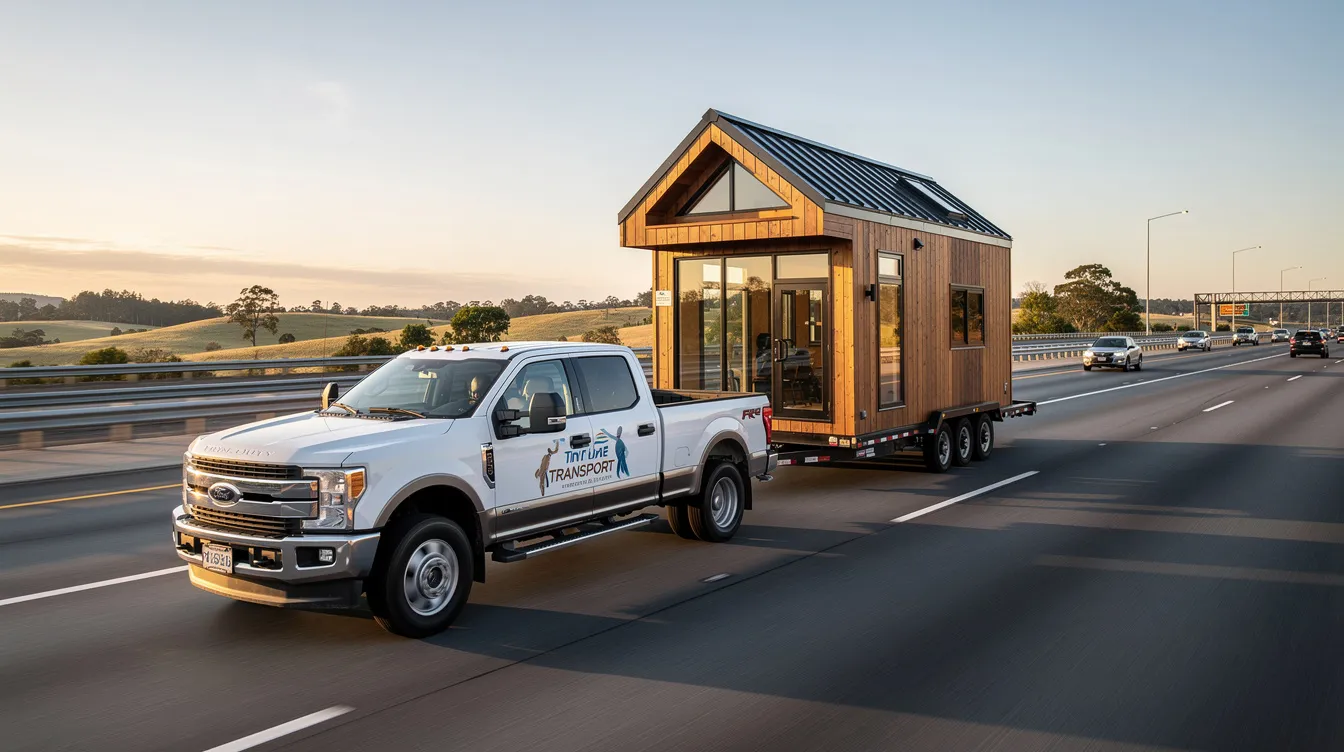 8923669560814d1e89a0b2995a8fef4f A tiny home on wheels is being transported down a highway by a professional hauler showcasing the mobile lifestyle that many tiny home buyers are embracing This image highlights the practicality of tiny houses often built with high quality materials as an affordable option for those looking to save money and live sustainably