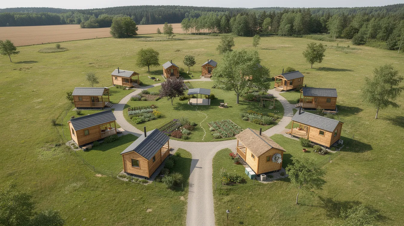 8a2157e3956643a28667d0cc9c405554 An aerial view showcases a tiny house community in Oklahoma featuring small wooden homes arranged around shared green spaces and a community garden The layout emphasizes communal living with residents enjoying accessible outdoor areas and facilities designed for community events and fitness activities