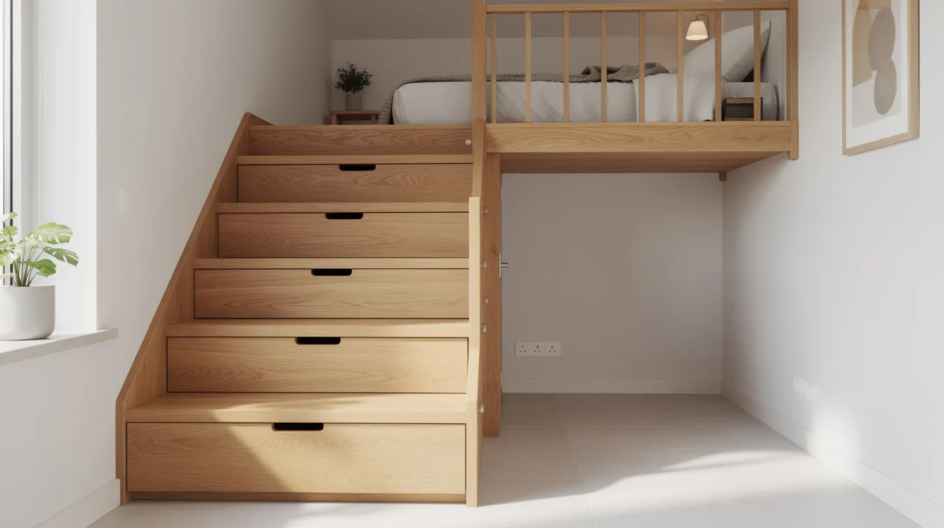 8a3845b9e81b4db5a343b1feae396f78 The image showcases a compact wooden staircase designed for a tiny house featuring built in drawers that provide additional storage space This stylish and functional staircase leads up to a loft area exemplifying smart design choices for tiny living spaces
