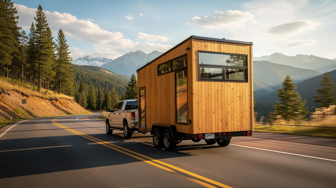 8a87a0c6ac914f268944cda7167f2e4d A tiny home on wheels is being towed down a scenic highway showcasing the freedom and mobility associated with tiny living This image highlights the appeal of affordable housing options perfect for tiny homeowners seeking a minimalist lifestyle