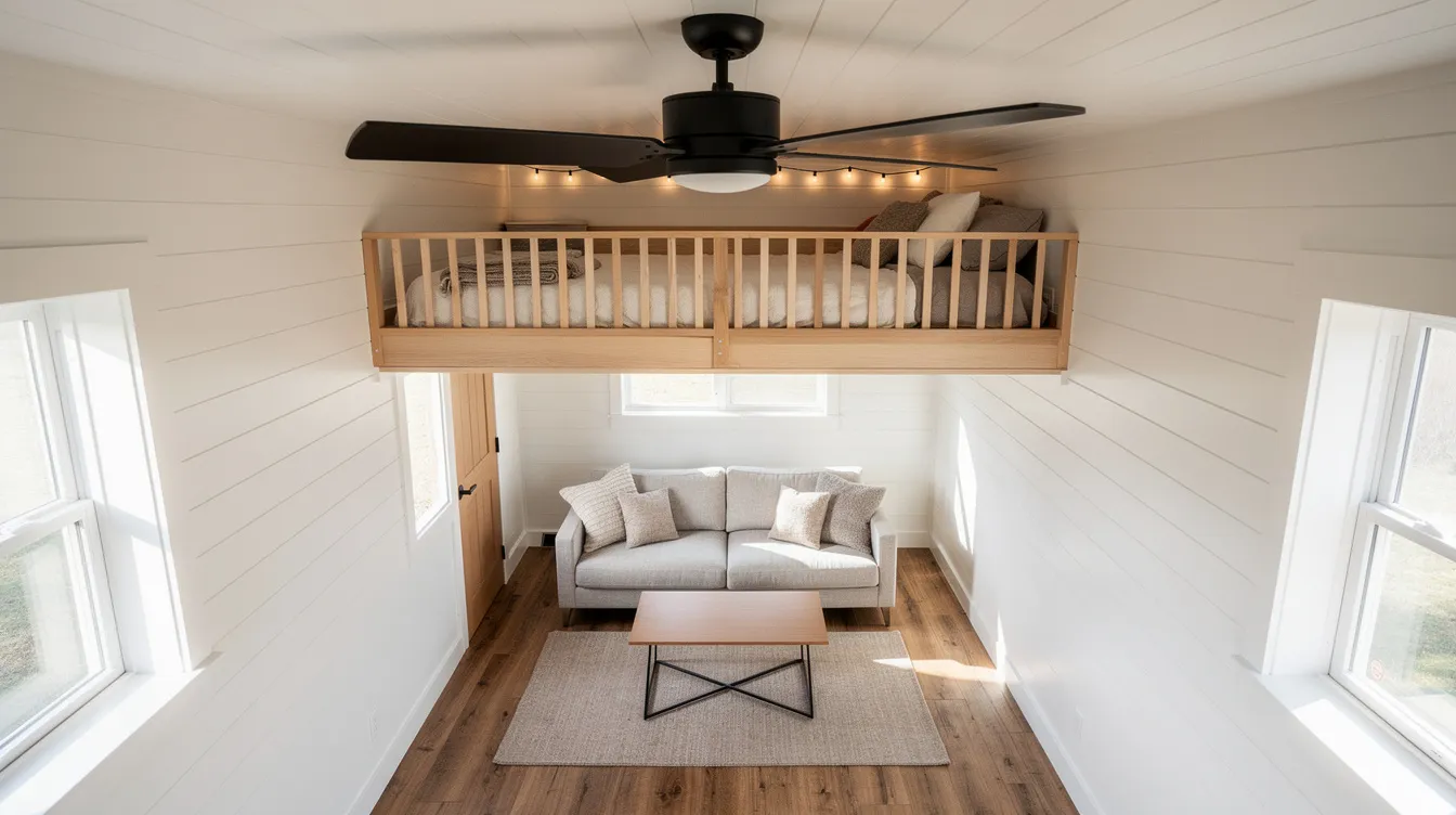 8ae3632918f34e93bf44bdb824882f83 A low profile ceiling fan is installed in the living area of a tiny house providing air circulation and enhancing the cooling solutions for the compact space while a loft bedroom is visible above This efficient design helps manage temperature regulation in tiny home living ensuring comfort without requiring space consuming ductwork