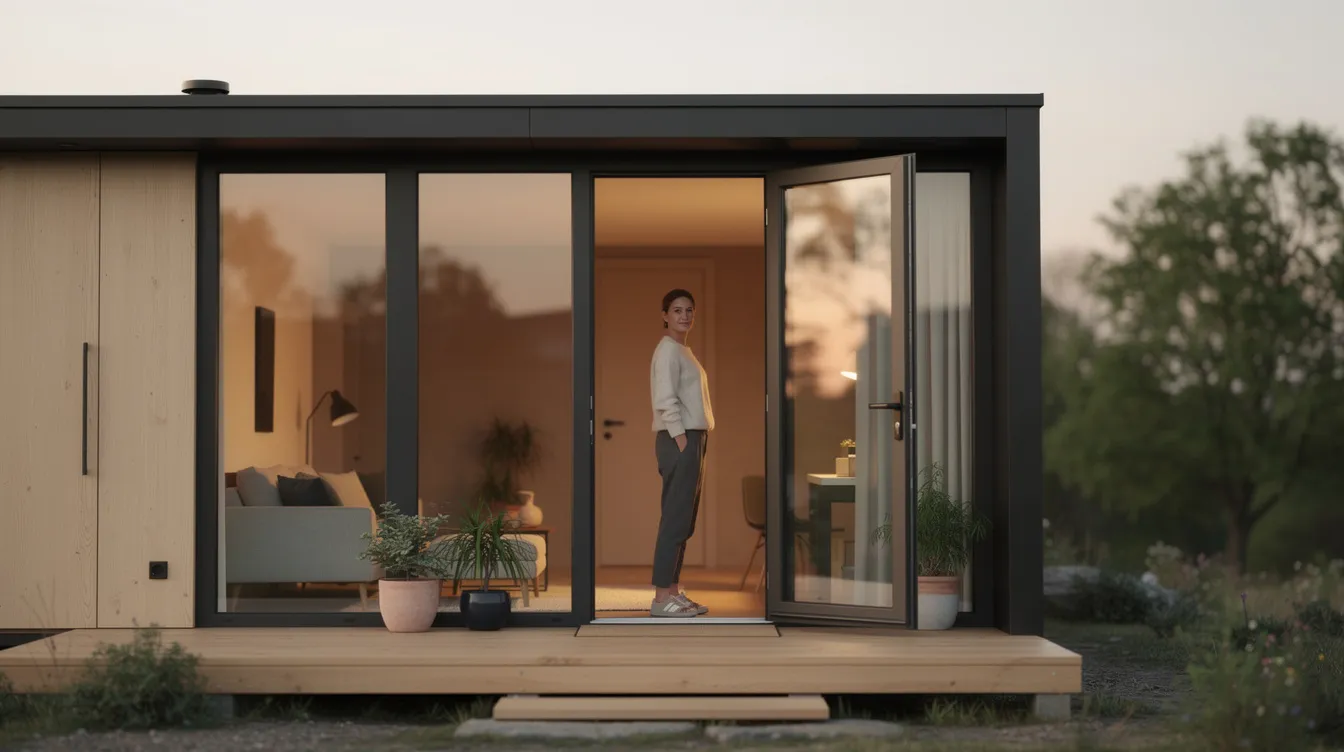 8be033d6a2e74fc0aaaf95dcaa49c542 A person stands in the doorway of a modern tiny home featuring large windows that offer a bright view of the outdoors This tiny house exemplifies the concept of tiny living promoting a minimalist lifestyle while being part of the growing tiny home communities in Iowa