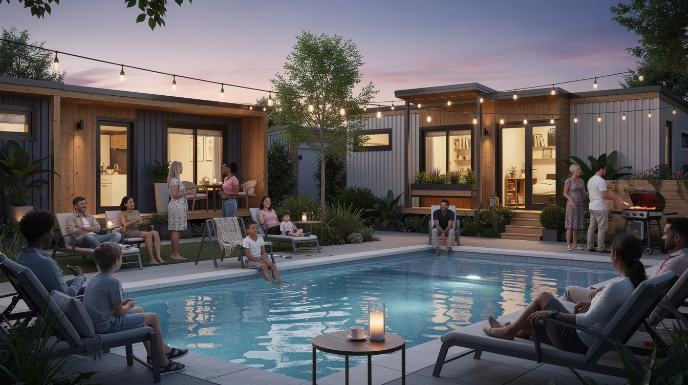 8c33a31b703542f0847d599c8cc9e61a A group of residents from a tiny house community in Central Texas gathers around a beautifully landscaped outdoor pool area enjoying the warm sun and each other's company. This vibrant scene reflects the supportive community spirit and shared spaces that define tiny living in this unique neighborhood.
