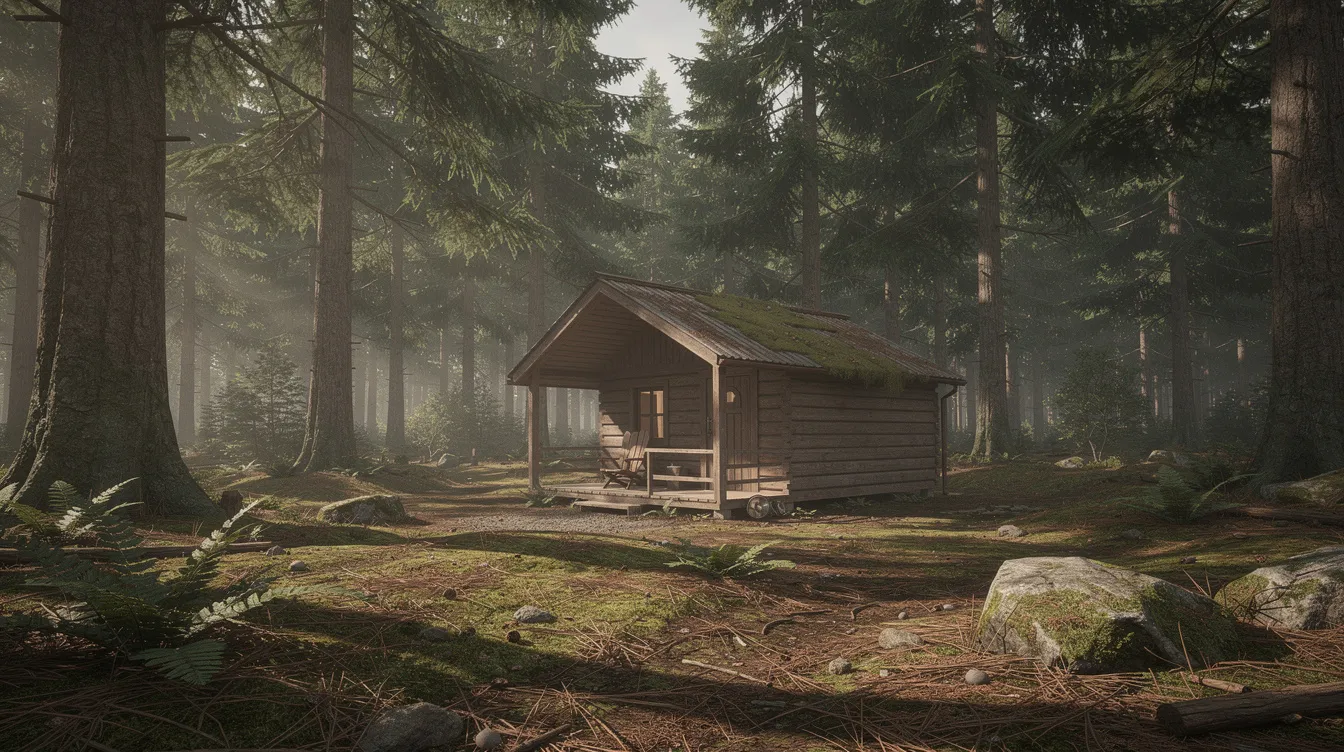 8c6587ff3c3a48869d747eca5cfe4d44 A small wooden cabin is nestled among tall pine trees in a serene forest setting representing the charm of tiny living This tranquil scene highlights the appeal of tiny house communities where residents can enjoy nature and a sense of community