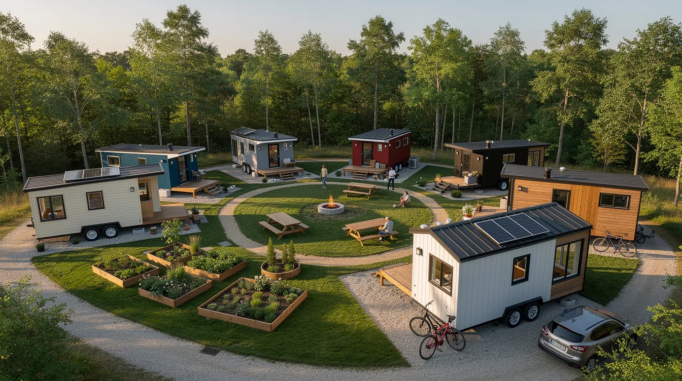 8c9836e0bc384d9f9e577bfa44c15178 An aerial view showcases a cozy tiny house community in Michigan featuring multiple compact homes arranged around a shared green space highlighting the essence of tiny living This picturesque neighborhood promotes a sense of community among residents with inviting outdoor areas for relaxation and socializing
