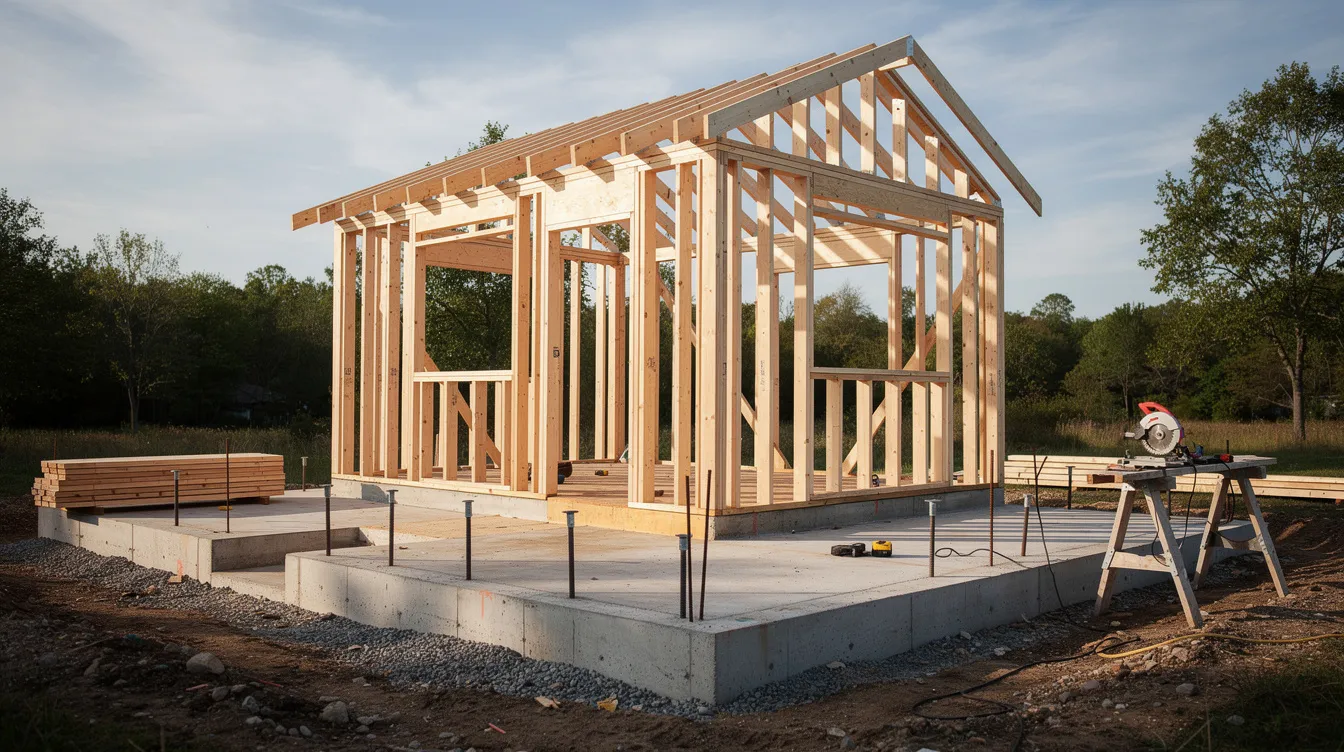8c9b86afaf984ddd9c1fb78f02a386b0 The image depicts a tiny house under construction showcasing the framing and foundation work essential for a permanent structure This backyard tiny house is being built in accordance with local building codes and zoning regulations highlighting the growing trend of tiny living as an affordable housing solution