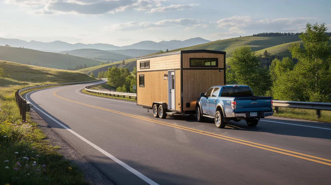 8cce878c9175498495b7ea41fb6cdd90 A tiny house on wheels is being towed by a pickup truck along a scenic highway showcasing the mobile lifestyle embraced by tiny house owners This image highlights the growing tiny house movement emphasizing economical living and the importance of tiny house insurance to protect personal belongings during travels