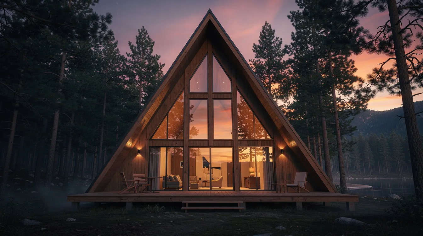 8e96bc2ae1364831b854bb3761437d7a The image showcases a dramatic A frame cabin with large triangular windows that beautifully reflect the colors of the sunset This frame cabin designed for year round living features a striking triangular shape and offers abundant natural light making it an ideal vacation home in a picturesque mountain setting