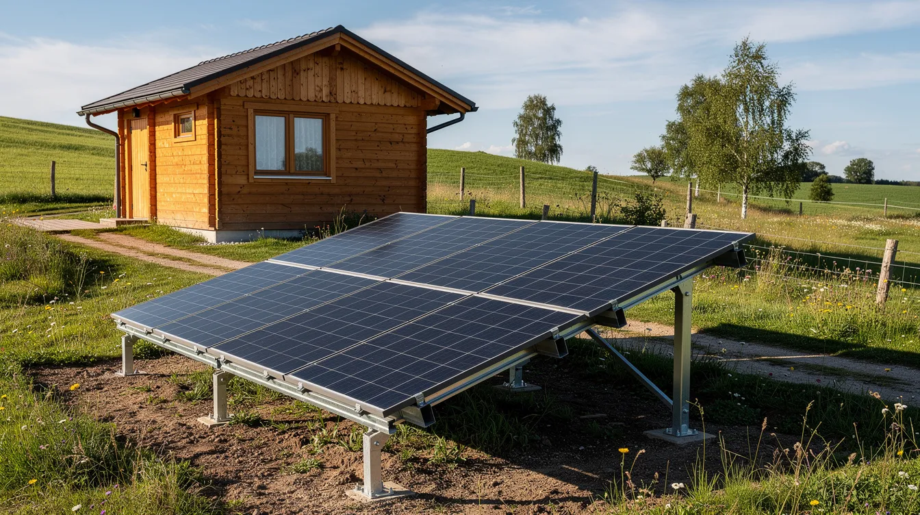 8f3e2806ccfc47879eecc7e50cf276dd The image features a ground mounted solar panel array consisting of six solar panels installed on metal rails positioned near a small wooden cabin in a rural landscape This solar power system is designed to harness renewable energy providing efficient energy solutions for tiny house living