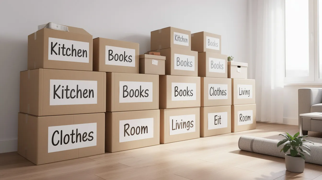 904f25ed2f0143ca961465db50187da2 The image shows organized moving boxes neatly stacked and labeled symbolizing the process of downsizing to a tiny house This arrangement reflects a minimalist lifestyle emphasizing the importance of quality over quantity as one prepares for a new home