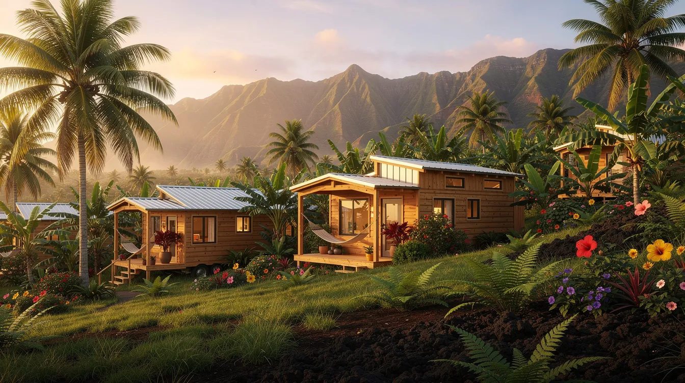 908561242f50422c9939c8f68f7009ad A cluster of small wooden tiny homes is nestled among lush tropical vegetation in a Hawaiian landscape showcasing the charm of island living and the growing trend of affordable housing These cozy units reflect the tiny home craze offering a sustainable lifestyle in paradise for families and homeowners seeking a unique living experience