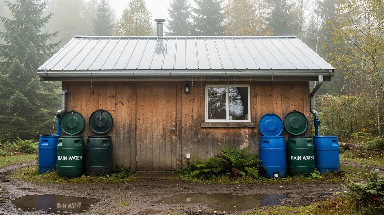 90fc01d6df724e44bb9ffc0b00aaa203 The image depicts a small cabin equipped with rainwater collection barrels and visible gutters on the roof showcasing an efficient water supply system typical of tiny houses This setup highlights how tiny living can incorporate sustainable practices such as collecting rainwater for various uses