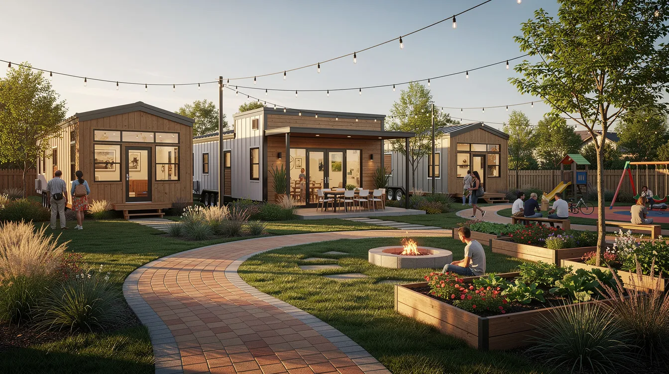 913bdfe7243c43299ecdbed4897ab3f1 The image depicts a vibrant tiny home community featuring beautifully landscaped common areas including community gardens and a dog park where residents enjoy a lifestyle of simple living and connection This welcoming neighborhood surrounded by nature showcases various tiny home models emphasizing the spirit of the tiny house movement in western North Carolina