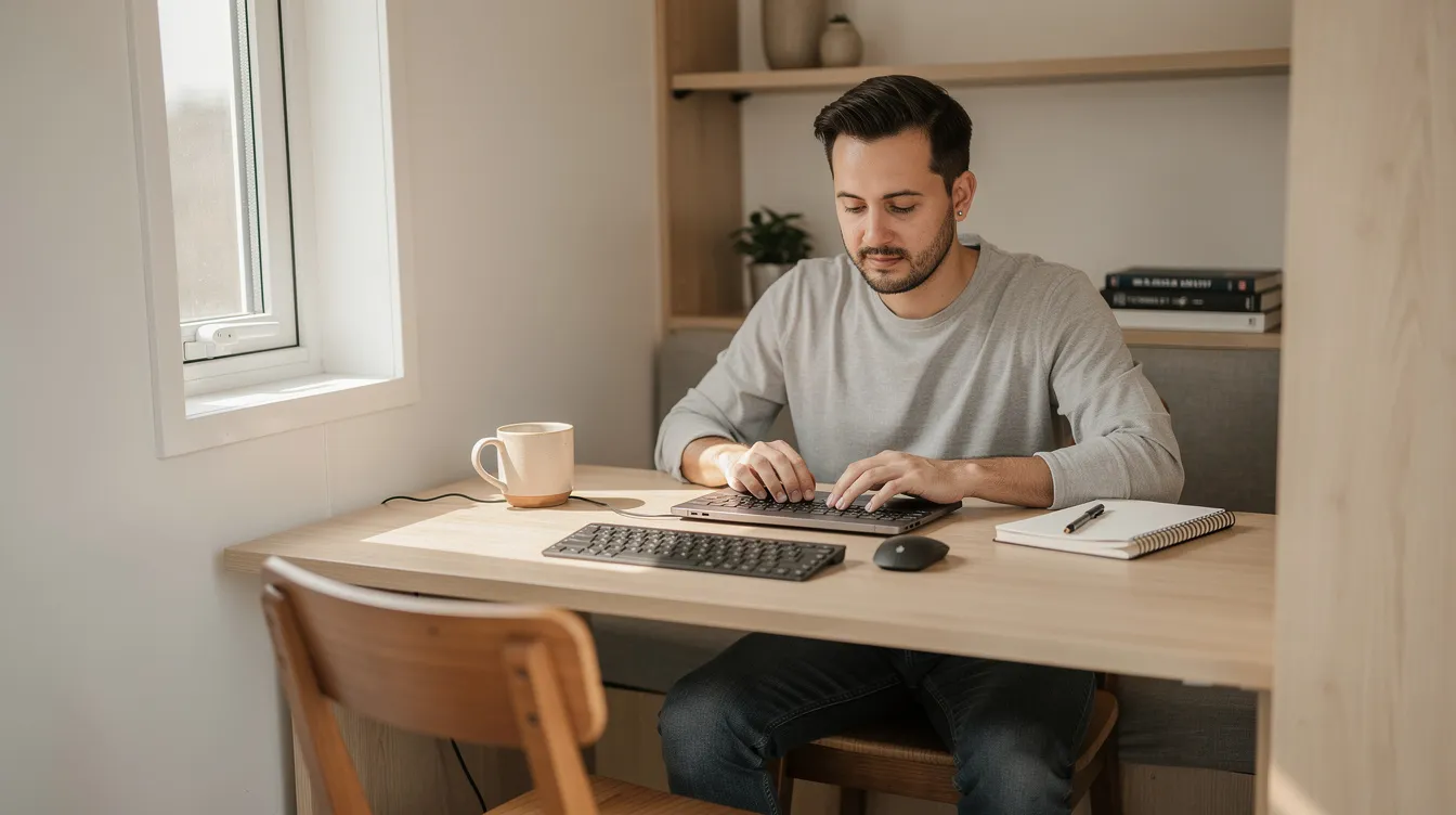 9216c1814350486a8598112732d15c4b A remote worker sits at a compact desk inside a tiny home focused on their laptop in a minimalistic setup that showcases the efficiency of tiny house living The small space is designed to maximize functionality reflecting the growing trend of living in a tiny house for financial freedom and a minimalist lifestyle