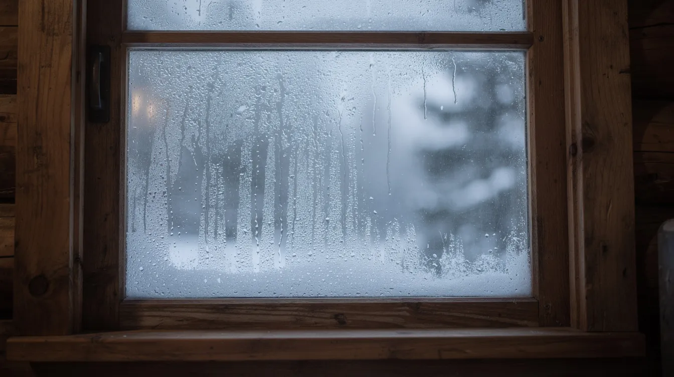 923e379036664420b6dec7235ff00395 The image depicts foggy windows inside a small wooden cabin on a cold morning with visible moisture droplets illustrating condensation issues in such a small space The damp surfaces highlight the importance of controlling humidity levels and maintaining proper air circulation to prevent moisture buildup and potential mold growth
