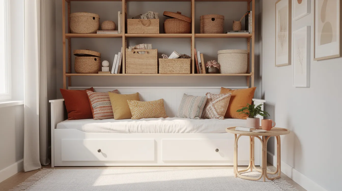 92bdf9a959024f67b6e30f8cecd3e4ed The image depicts a cozy tiny house living area featuring a daybed adorned with colorful cushions surrounded by woven baskets on open shelves and a stylish rattan side table all bathed in natural light that enhances the boho aesthetic This inviting space reflects the beauty and comfort of tiny home living perfect for relaxation and escape