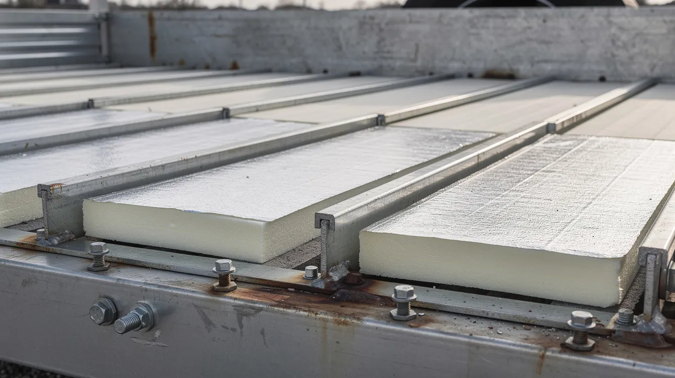 936aed53a18347d5952f662008f95cf6 The image depicts the underside of a trailer where rigid foam insulation panels are installed snugly between metal frame joists showcasing an effective solution for tiny house insulation This setup helps enhance energy efficiency by minimizing air leaks and thermal bridging contributing to a comfortable living environment