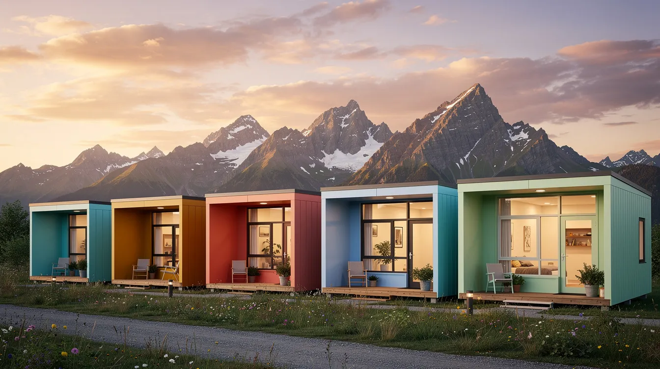 938d26a994a247528d93df30ba14e26d A picturesque row of colorful tiny homes is set against a stunning mountain backdrop at sunset showcasing the charm of tiny house living in Wyoming These park model tiny homes reflect a sustainable lifestyle and offer residents a cozy living space amidst the natural beauty of the country