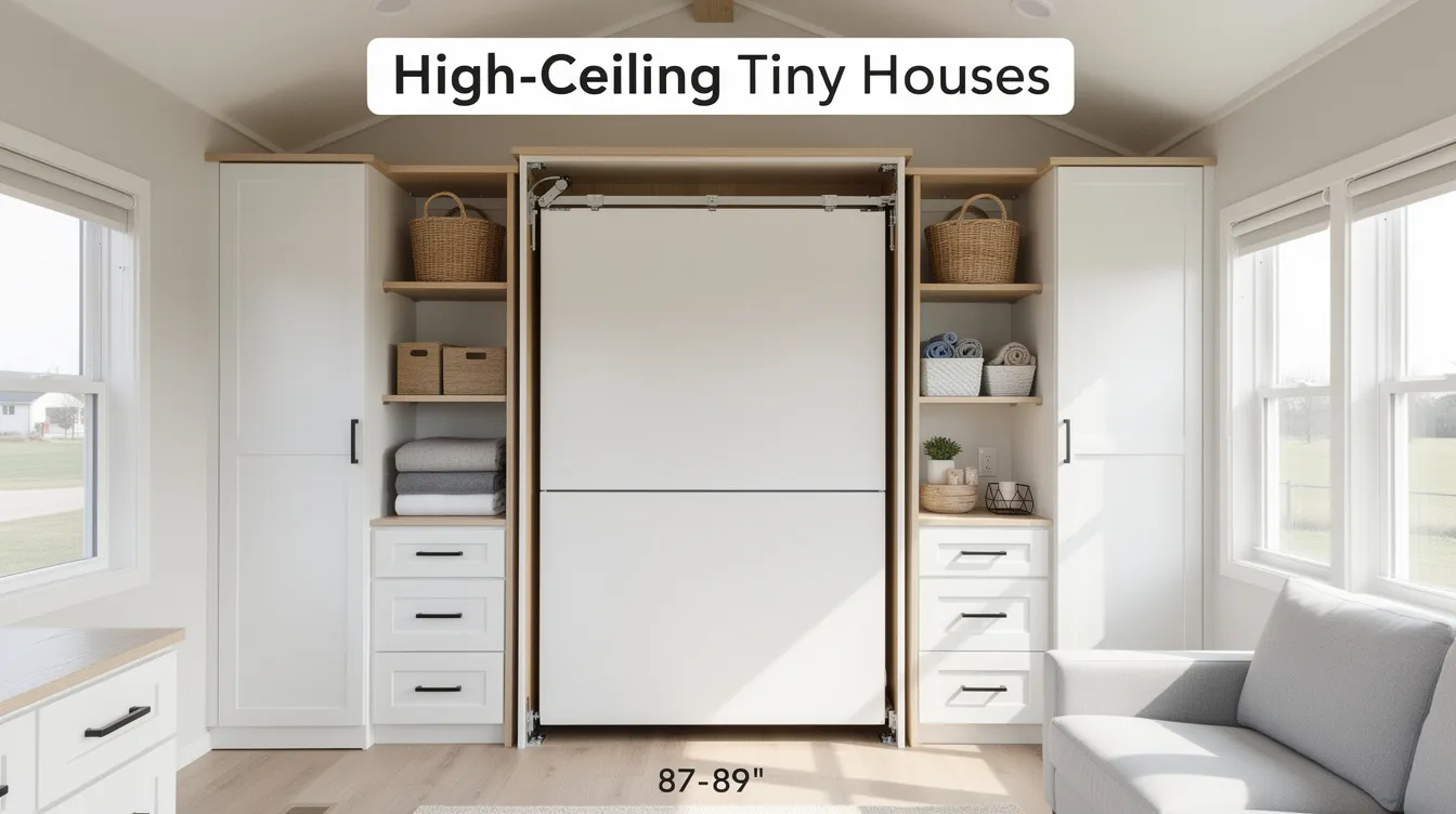 94379cdbf9184b3ebddd2f15ed792174 The image depicts a high ceiling tiny house featuring a vertical mount murphy bed kit designed for 9 foot ceilings showcasing a queen sized hidden bed within a sleek bed cabinet Surrounding the bed are additional shelves and wardrobe towers optimizing valuable floor space while maintaining a stylish and functional living area