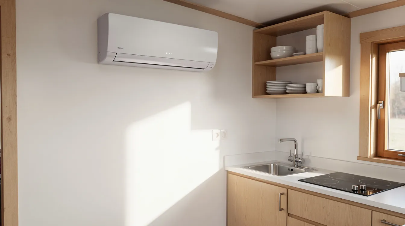 947b208d0cce4de0af54dc212b0bd757 The image shows a sleek wall mounted mini split head installed high on the interior wall of a tiny house near the kitchen area providing efficient heating and cooling solutions without the need for space consuming ductwork This ductless mini split system is designed to enhance indoor air circulation and maintain comfortable temperatures in small spaces