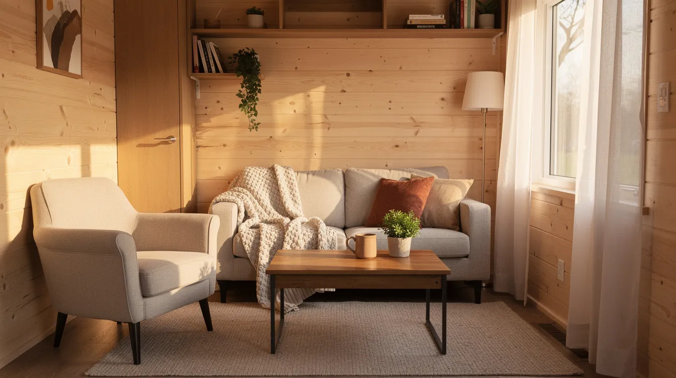 94ad4270da844cdcb98c5fe07b849029 The image features a cozy tiny house living room bathed in warm natural light showcasing a comfortable seating arrangement with a sofa and a coffee table Clever storage solutions such as floating shelves and under bed storage maximize the small living space while adding character and functionality to the interior design