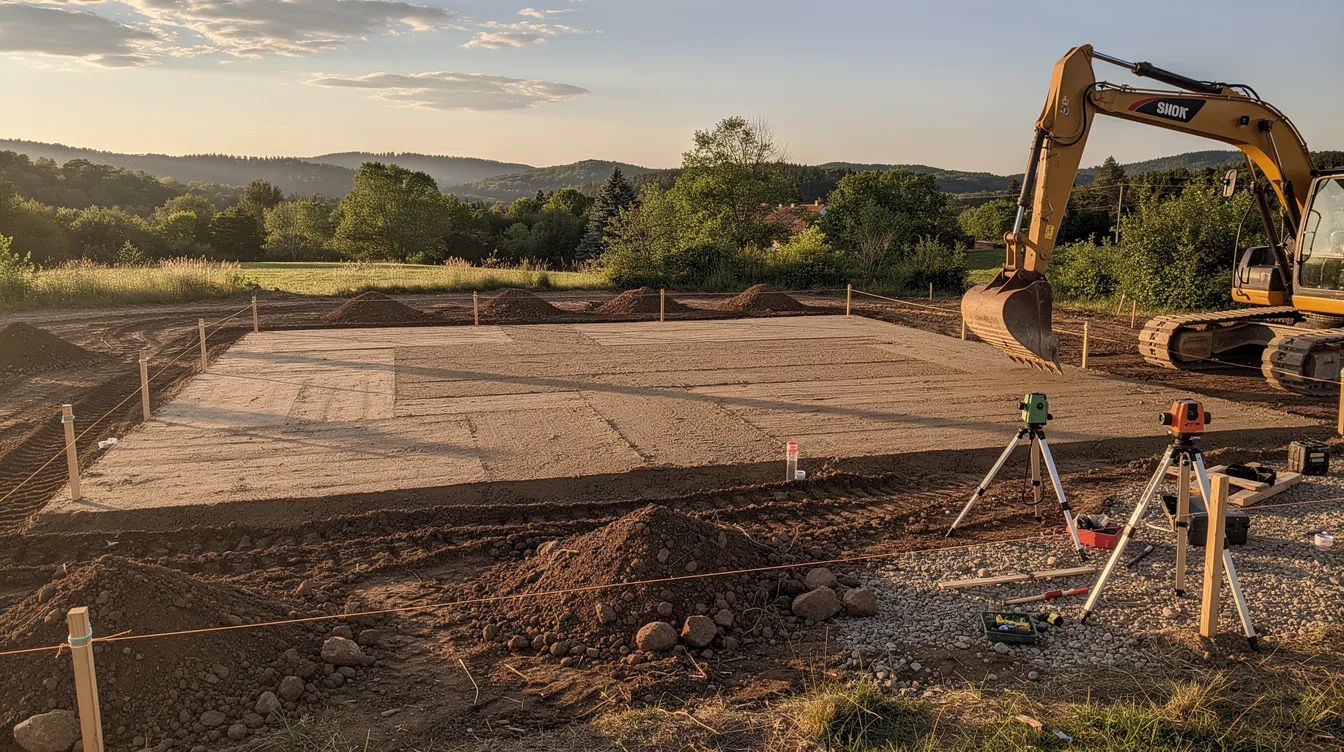 95767a8349c54ba2827163b40acf7c9c An excavator is seen preparing a level building site for a tiny house foundation showcasing the site prep process essential for constructing a permanent tiny home The machinery is clearing the ground indicating the initial steps in creating a solid base for a future tiny house