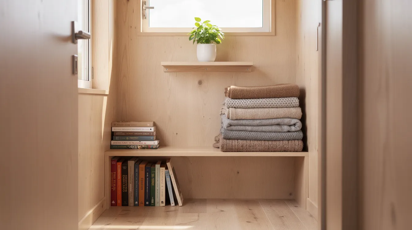 95a96db22df04940a34fb57d2af2c6df The image showcases a cozy tiny house interior featuring neatly folded blankets and stacked books on small shelves illuminated by natural light A single potted plant adds a touch of beauty and warmth creating a relaxing atmosphere in this boho inspired space