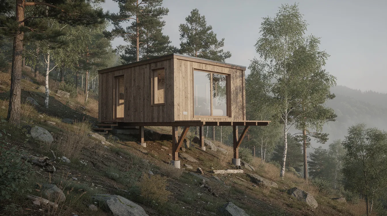95cecfa188614d2c94562f142a965e97 The image shows a tiny cabin elevated on wooden posts situated on a sloped hillside showcasing the use of a pier foundation to adapt to the uneven terrain This permanent tiny home exemplifies the tiny house movement highlighting a compact living space that harmonizes with its natural surroundings