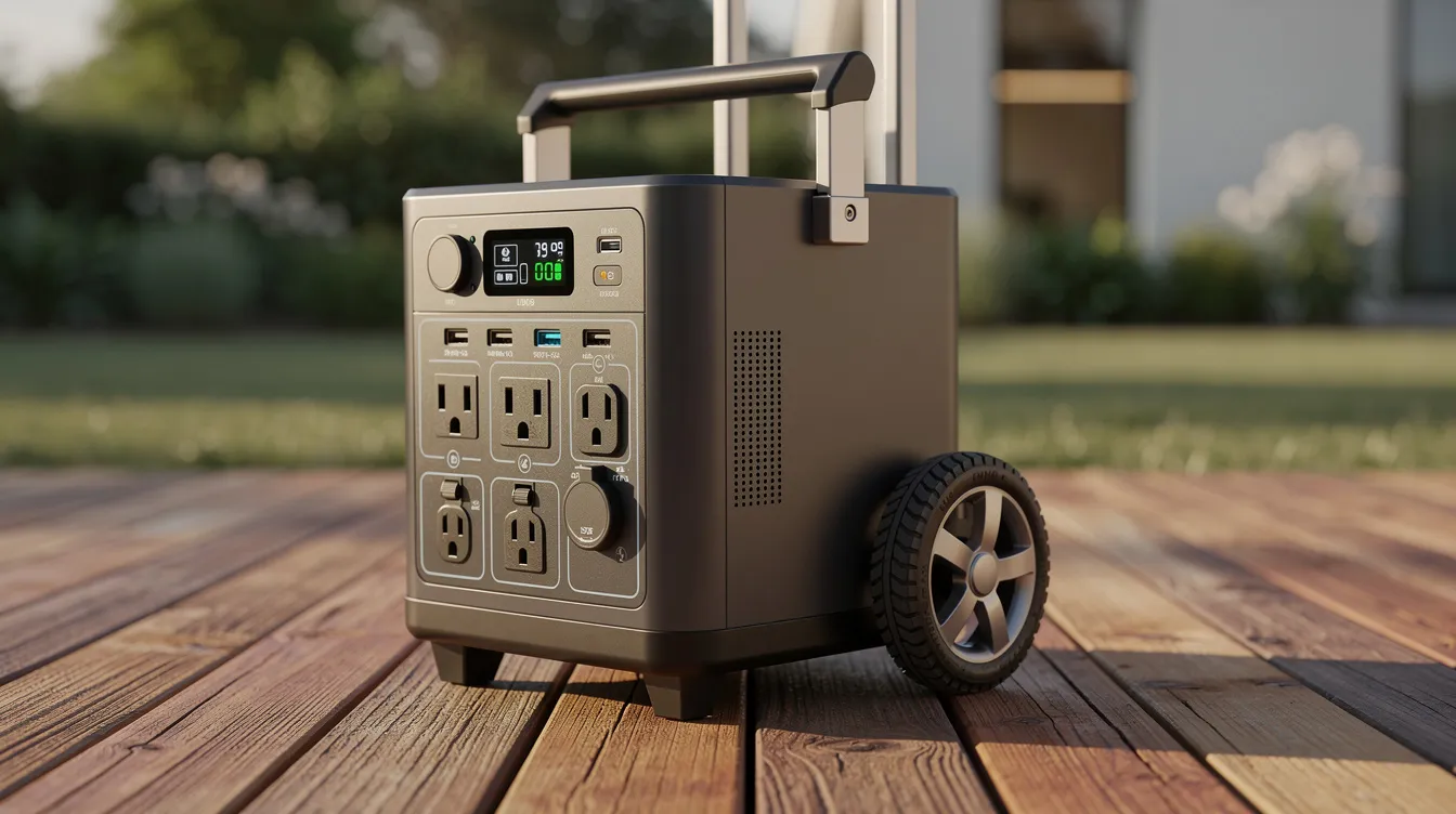 9635543c523d41b9bd5917f27cb9ccec The image depicts a modern portable power station with wheels positioned on a wooden deck showcasing its sleek design and functionality This solar generator is ideal for tiny houses providing reliable power for essential appliances and supporting sustainable living with its renewable energy source