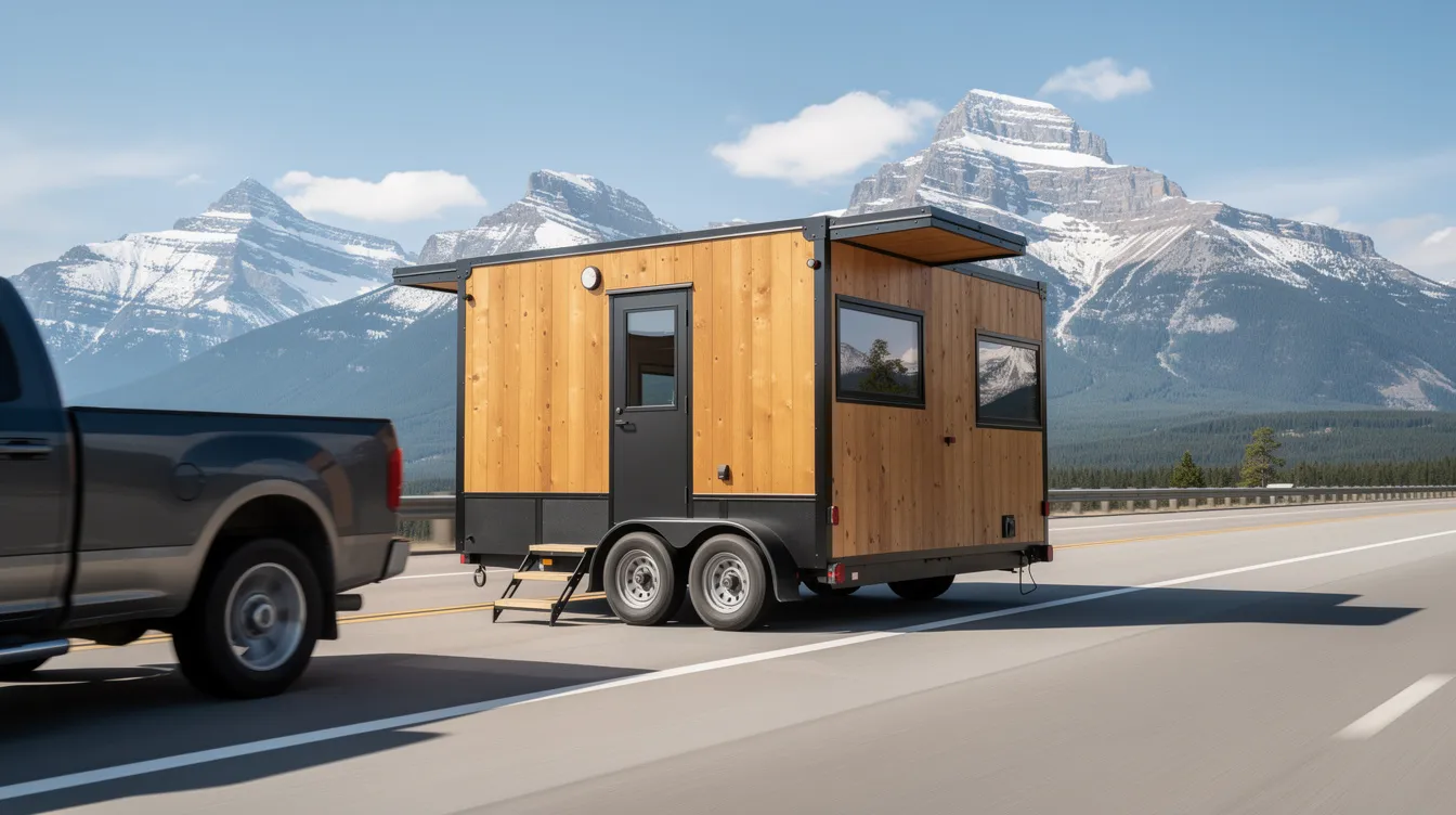963fd6ce082341fba5ae5ab5ceb25de8 A tiny house on wheels is being towed down a highway with majestic mountains in the background showcasing the freedom of mobile living The structure built on a sturdy trailer frame features metal sheeting and solar panels emphasizing sustainable living and the tiny house build process