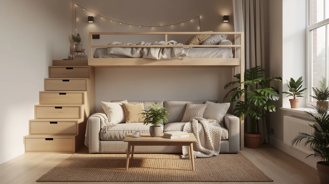 969ef2406f2540f1aaa819ca0eb1f0b4 The image depicts a cozy loft bedroom situated above a small living area featuring clever storage stairs that lead up to the sleeping space Natural light floods the room through a large window enhancing the inviting atmosphere and showcasing the functional layout of this tiny house interior